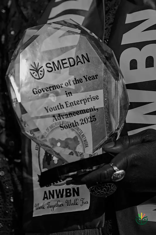 A SMEDAN award plaque, Governor of the Year in Youth Enterprise Advancement